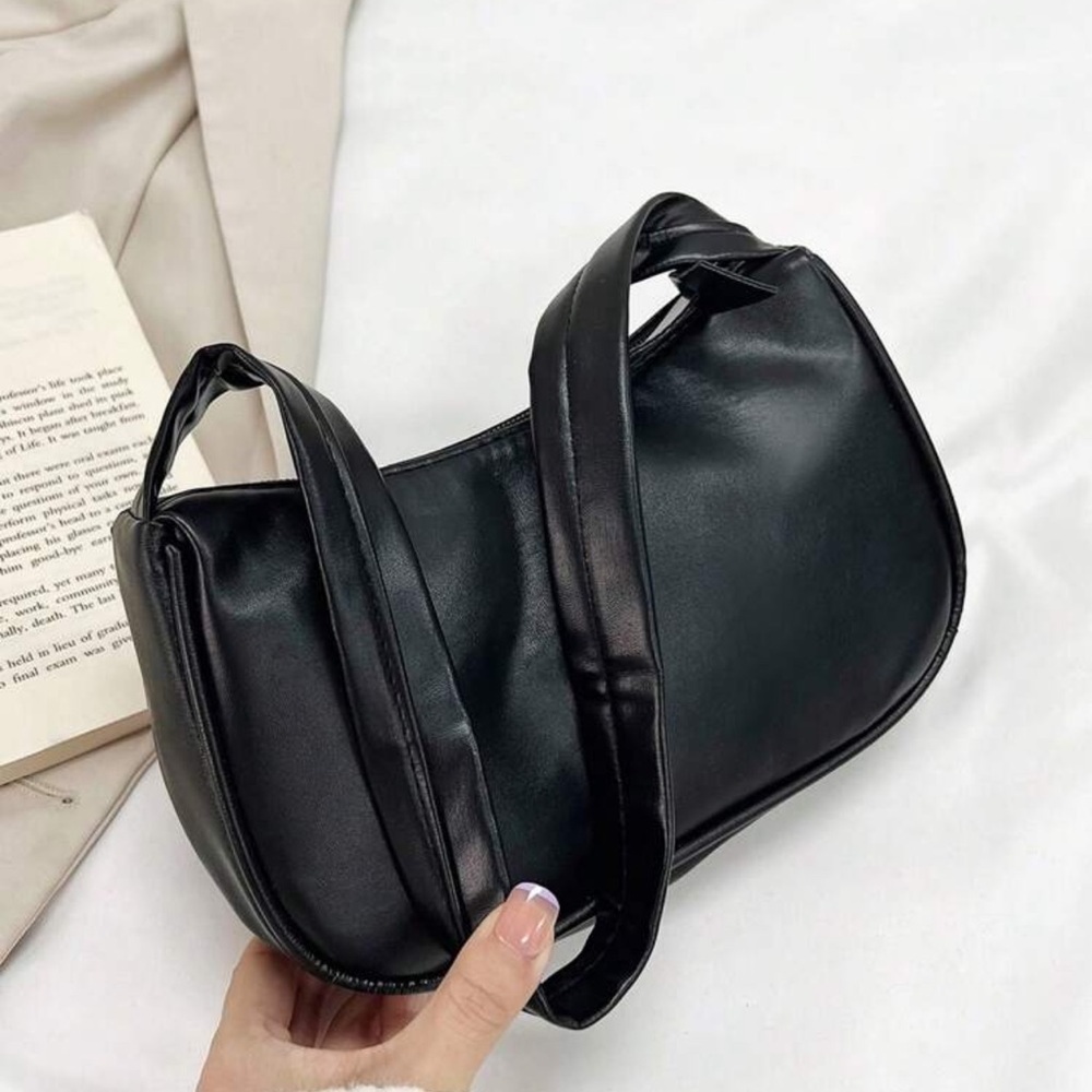 Black faux leather shoulder bag with ribbon detail | NWT | Y2K 90s vibes - Picture 3 of 5